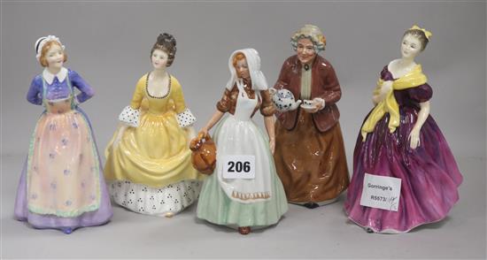 Five Royal Doulton figurines: Susan HN2056, Coraline HN2037, Teatime HN2255, The Milkmaid HN2057 and Adrienne HN2152